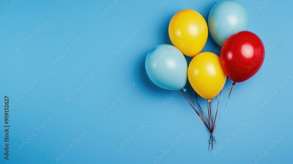 Festive balloons on blue blank background with copy space area Festive balloons on blue blank background with copy space area