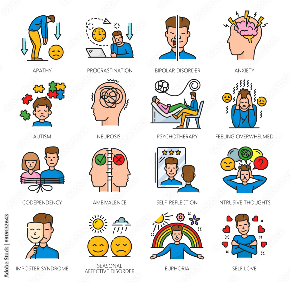 Fototapeta premium Mental health color icons, psychological disorder problems. Human psychology, cognitive disorders or mental health apathy, anxiety, autism and codependency, euphoria, neurosis problems vector icons