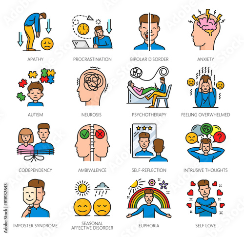 Mental health color icons, psychological disorder problems. Human psychology, cognitive disorders or mental health apathy, anxiety, autism and codependency, euphoria, neurosis problems vector icons