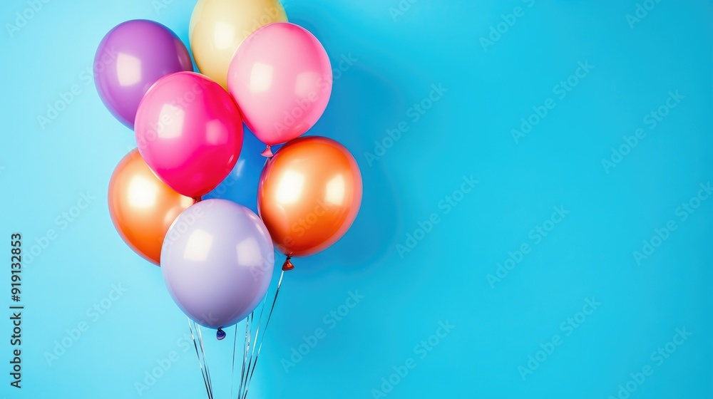 Festive balloons on blue blank background with copy space area Festive balloons on blue blank background with copy space area