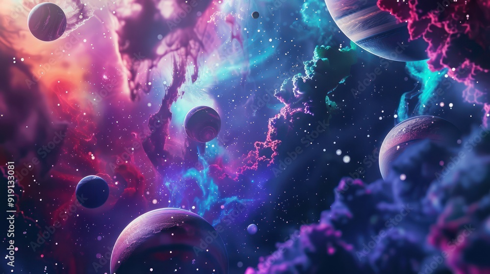 Naklejka premium A Cosmic Landscape with Planets, Nebulae, and Stars