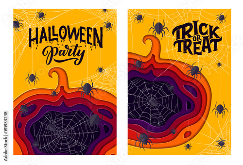 Halloween paper cut banner with pumpkin, cobweb and spiders. Vector holiday background with eerie insects around of jack lantern layered shape. 3d papercut frame with trick or treat typography