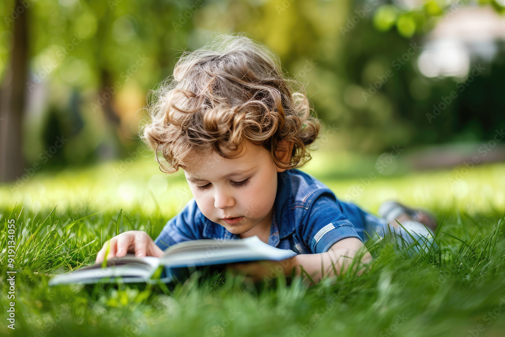 Little boy with curly hair reading a book in the grass Little boy with curly hair reading a book in the grass