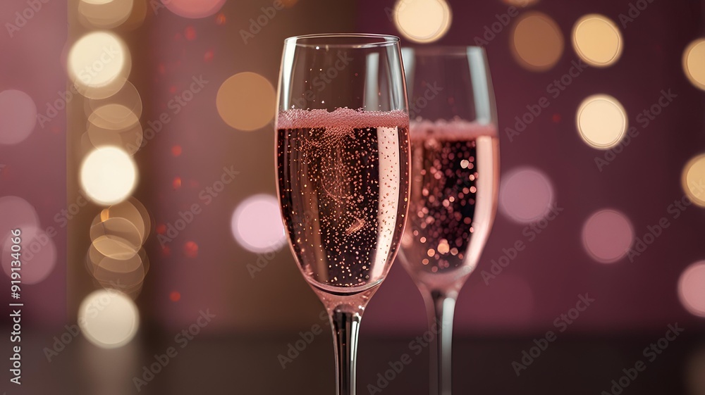 Pink rose champagne glasses close up, bokeh lights background. Pink rose champagne glasses close up, bokeh lights background.