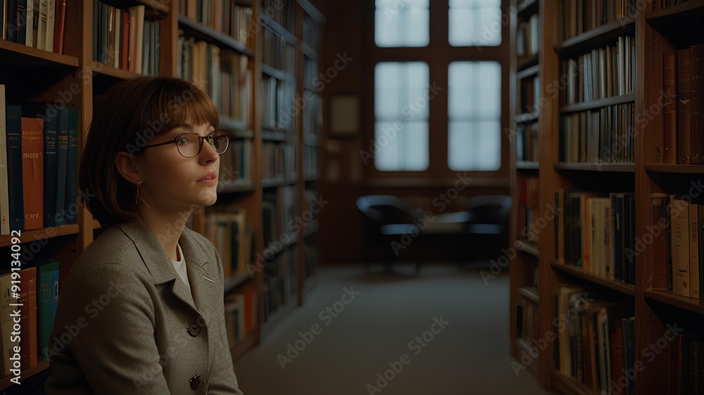portrait of a person in a library. portrait of a person in a library.