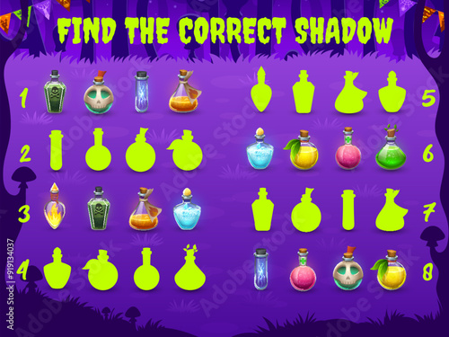Halloween kids game, find correct shadow of potion bottles or poison, vector puzzle worksheet. Find and match same silhouettes of witch potion or magic spell elixir in bottles in Halloween forest