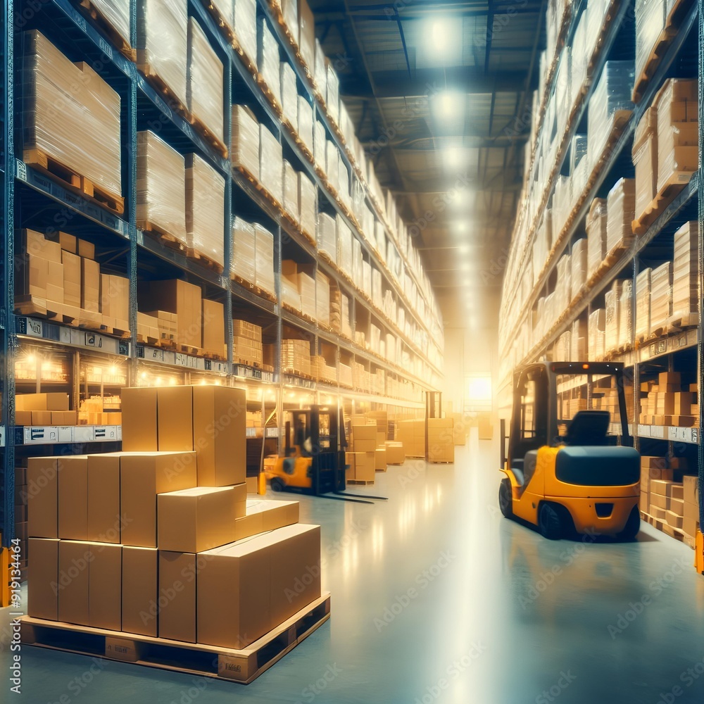 Retail warehouse full of shelves with goods in cartons, with pallets and forklifts. Retail warehouse full of shelves with goods in cartons, with pallets and forklifts.
