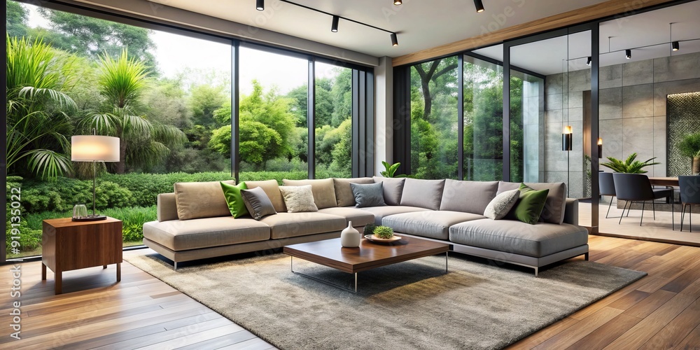 Sleek modern living room with plush sectional sofa, coffee table, floor lamp, and sliding glass doors, surrounded by natural light and fresh greenery. Sleek modern living room with plush sectional sofa, coffee table, floor lamp, and sliding glass doors, surrounded by natural light and fresh greenery.