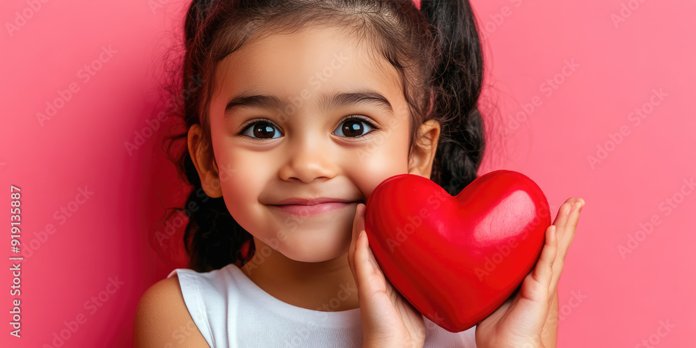 Little girl holding a red heart smiling on pink background Little girl holding a red heart smiling on pink background