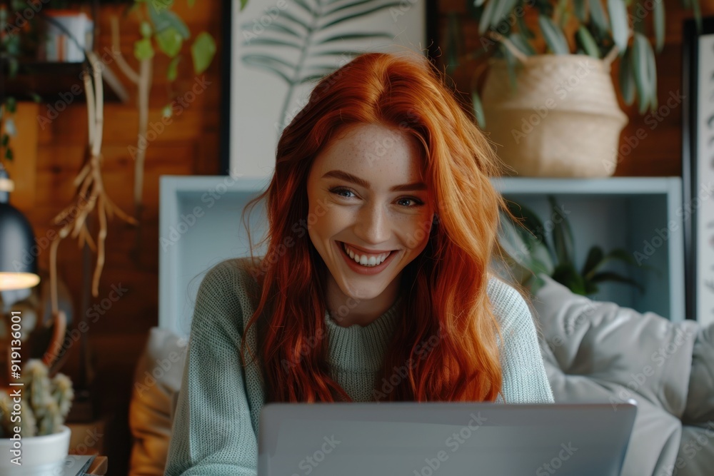 A beautiful, cheerful, red-haired female student who is smiling and using a laptop to make a video call with her teacher. The concept of distance learning of modern internet technology. A beautiful, cheerful, red-haired female student who is smiling and using a laptop to make a video call with her teacher. The concept of distance learning of modern internet technology.