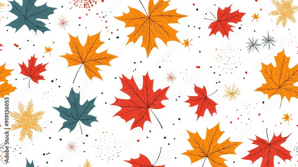 Modern, seamless pattern featuring autumn leaves, summer fireworks, and winter snowflakes Modern, seamless pattern featuring autumn leaves, summer fireworks, and winter snowflakes