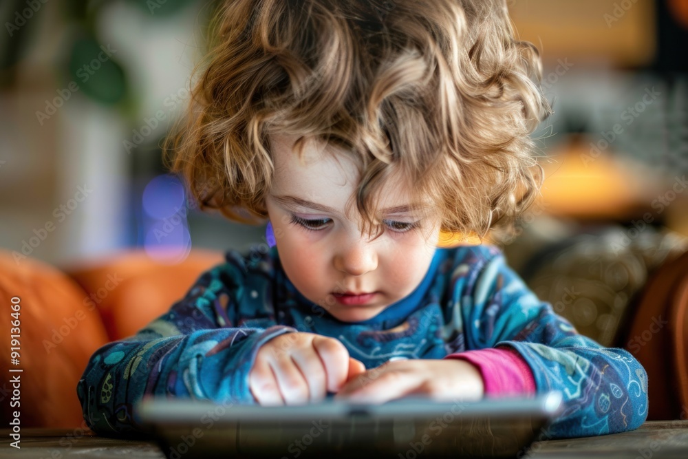 E-learning or home schooling concept. Cute little kid doing homework using digital tablet searching information on the internet. Modern technology. E-learning or home schooling concept. Cute little kid doing homework using digital tablet searching information on the internet. Modern technology.