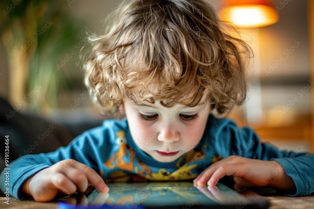 E-learning or home schooling concept. Cute little kid doing homework using digital tablet searching information on the internet. Modern technology. E-learning or home schooling concept. Cute little kid doing homework using digital tablet searching information on the internet. Modern technology.