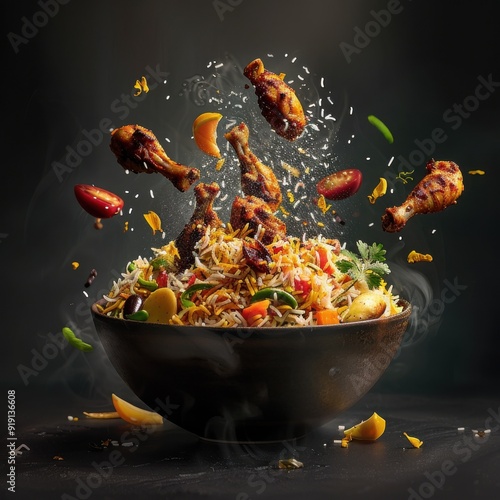 Bowl of lamb biryani with flying chicken wings, dark background, 3D rendering.