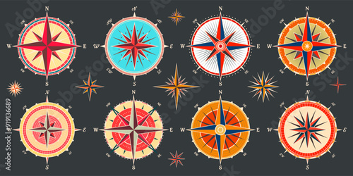 Vintage marine wind rose, nautical chart. Colorful navigational compass with cardinal directions of North, East, South, West. Geographical position, cartography and navigation. Vector illustration