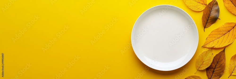 Empty white plate with autumn leaves on a vibrant yellow background, reminiscent of the holiday and family gatherings Empty white plate with autumn leaves on a vibrant yellow background, reminiscent of the holiday and family gatherings