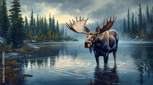 Majestic Moose Posing in Tranquil Lake | Stunning Wildlife Photography photo