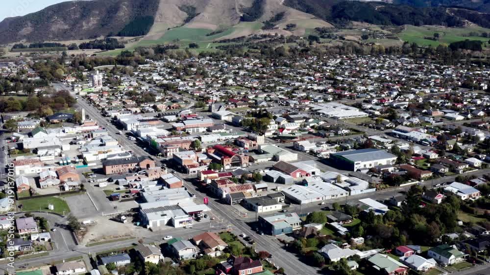 Aerial drone shot of the town of Waimate, South Island New Zealand Aerial drone shot of the town of Waimate, South Island New Zealand