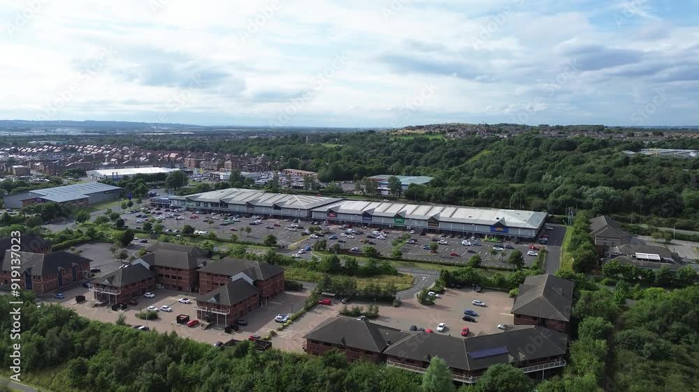 Rising aerial shot of Hylton Riverside Retail Park in City of Sunderland, UK Rising aerial shot of Hylton Riverside Retail Park in City of Sunderland, UK