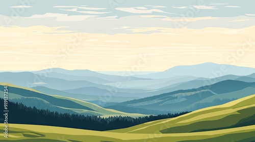 A peaceful mountain landscape with rolling hills and a distant horizon. The scene is perfect for adding text, with clear copy space.