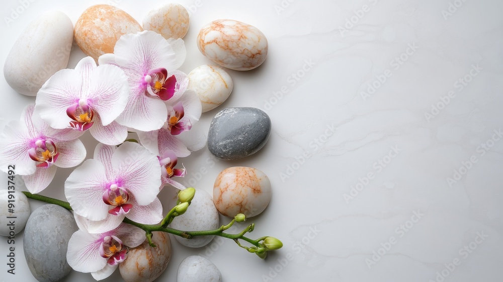 Pink and White Orchid with Smooth Stones on White Background Pink and White Orchid with Smooth Stones on White Background