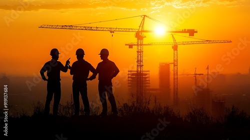 A team of engineers in hard hats, discussing plans on a construction site with cranes in the background