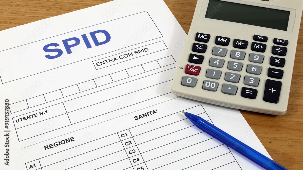 SPID online with registration form in Italian on the desk with pen and calculator. SPID online with registration form in Italian on the desk with pen and calculator.