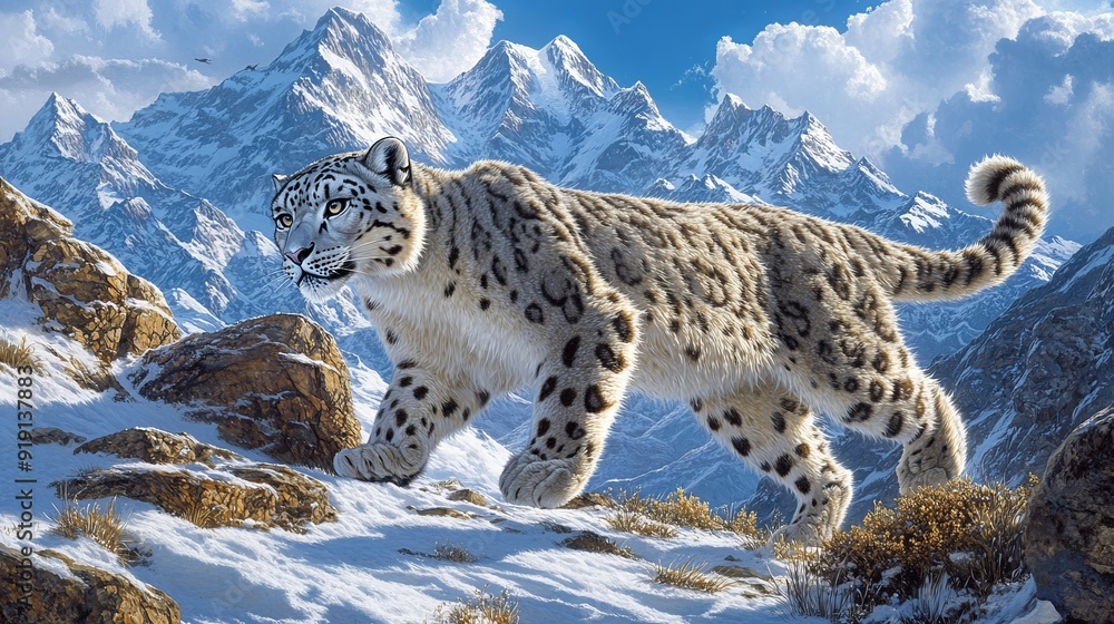 Fototapeta premium Majestic Snow Leopard Prowls Through Rocky Terrain in Stunning Image