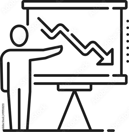 Economic crisis line icon of graph going down, economy downturn and bankruptcy vector symbol. Stock exchange or economical index decrease linear icon of financial crisis and global economy recession