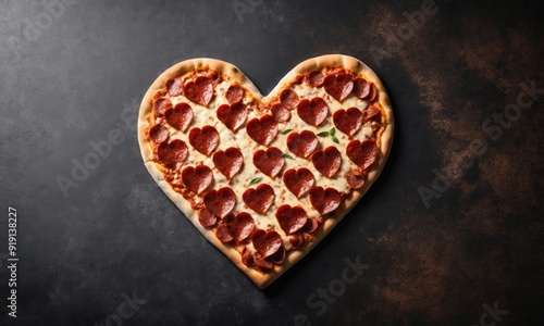 Heart-shaped pepperoni pizza on a dark background