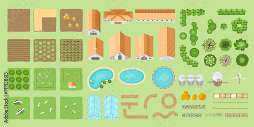 Farm top view. Rural fields gardens agricultural transport and roads farm constructor recent vector collection