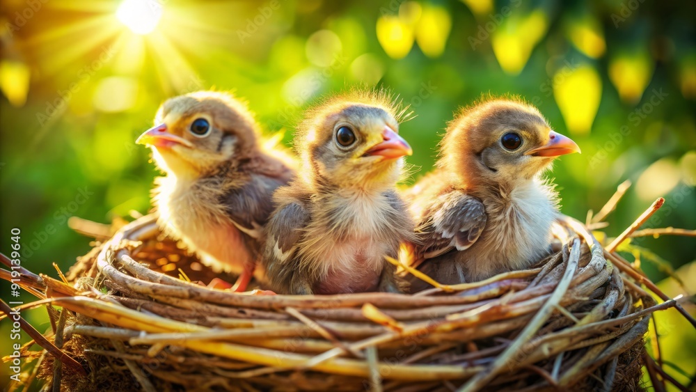 Naklejka premium Adorable baby birds with fluffy feathers and wide eyes cautiously exit their cozy nest, taking their first wobbly steps into a bright, sunlit outdoor world.