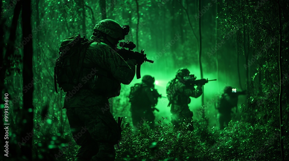 Fototapeta premium Night Vision Patrol: Soldiers Navigate Dense Terrain