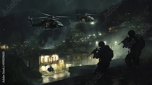 Naklejka Nighttime Special Forces Raid with Helicopters - Dramatic Image