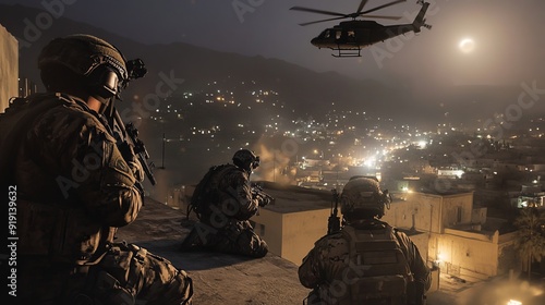 Plakat Special Forces Helicopter Night Raid: Dramatic Action Photo