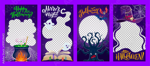 Halloween holiday social media templates for posts with funny ghosts, vector frames. Halloween holiday social media storytelling post template with witch potion cauldron, bats and magic spell book