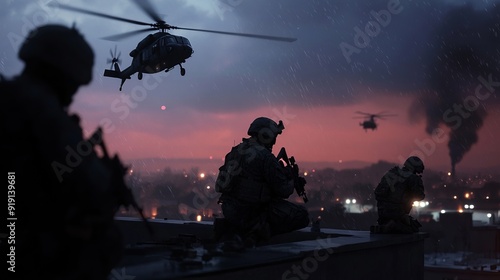 Tapety artystyczne Nighttime Special Forces Raid with Helicopters - Dramatic Image