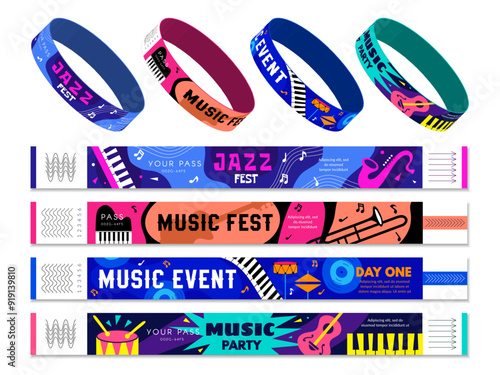 Bracelets tickets. Entrance on events party control bracelets design templates recent vector pictures set