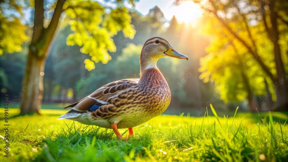 Adorable domestic duck waddles on lush green grass, feathers glisten in sunlight, beak and webbed feet visible, creating a serene and peaceful atmosphere. Adorable domestic duck waddles on lush green grass, feathers glisten in sunlight, beak and webbed feet visible, creating a serene and peaceful atmosphere.