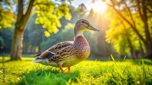 Adorable domestic duck waddles on lush green grass, feathers glisten in sunlight, beak and webbed feet visible, creating a serene and peaceful atmosphere.