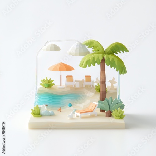 Serene Mini Cubic Beach Oasis with Colorful Umbrellas under Clear Skies and Bright Sunlight, Generative Ai
