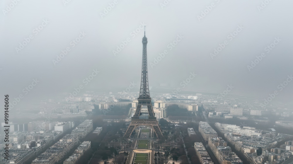 Obraz premium The Eiffel Tower in a Foggy Parisian Skyline