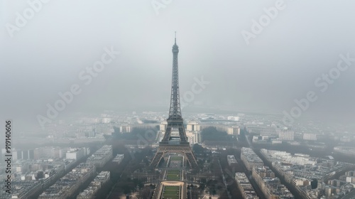 The Eiffel Tower in a Foggy Parisian Skyline