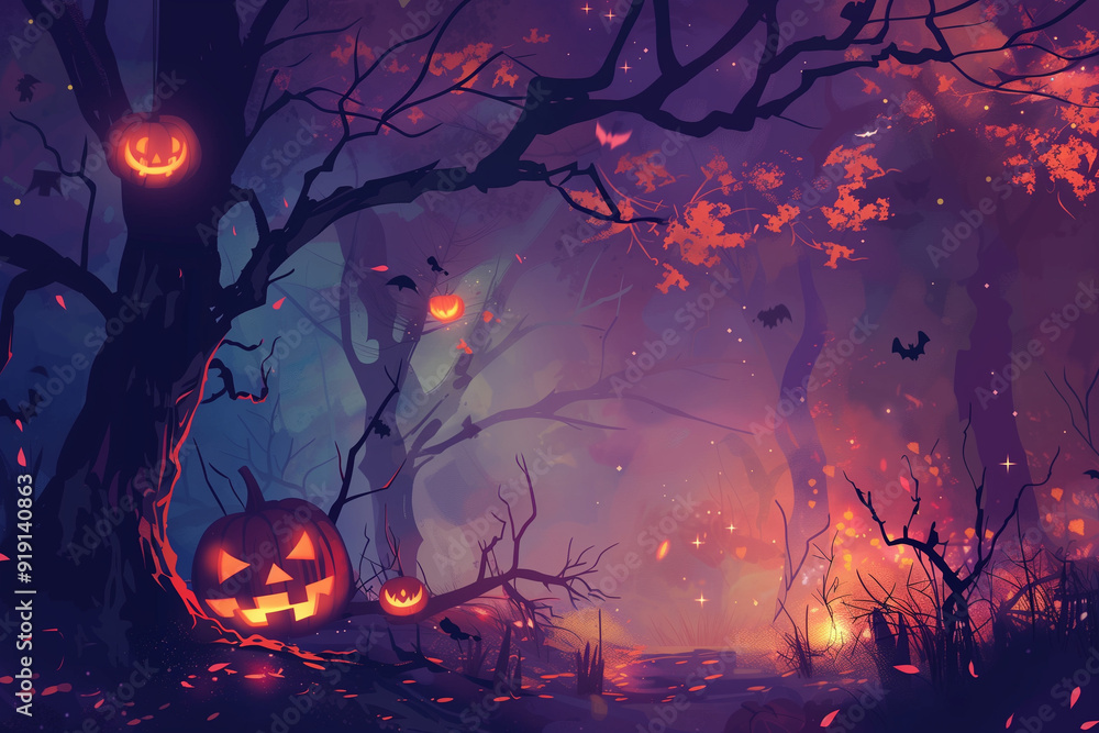 Halloween background with pumpkins in a spooky forest Halloween background with pumpkins in a spooky forest