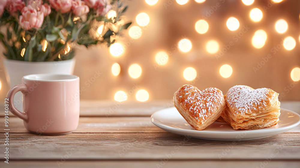 A plate of two heart-shaped pastries sits on a wooden table next to a pink coffee cup. A plate of two heart-shaped pastries sits on a wooden table next to a pink coffee cup.