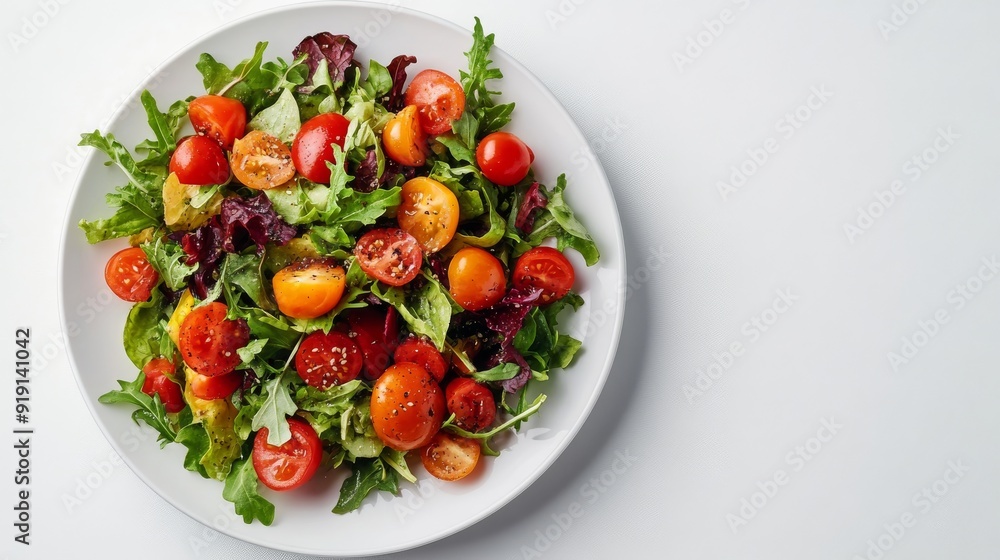 Fresh Salad with Cherry Tomatoes and Greens on a White Plate Fresh Salad with Cherry Tomatoes and Greens on a White Plate