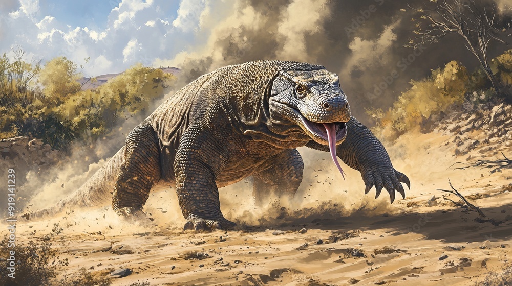 Fototapeta premium Komodo Dragon Strolls Across Sandy Ground in Stunning Photo