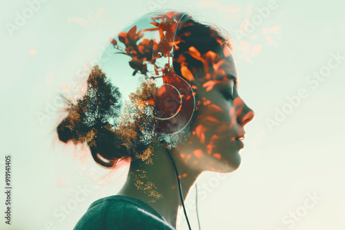 Young woman listen to music with double exposure with autumn leaves with copy space