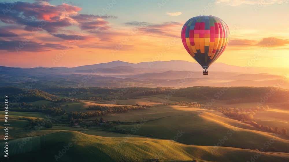 Fototapeta premium Hot Air Balloon Soaring Over Rolling Hills at Sunset - Aerial View.