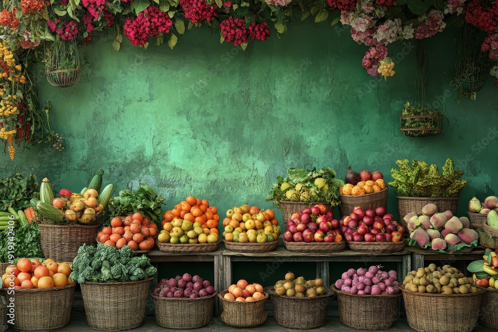 Organic produce stall designed to draw attention to seasonal offers and discounts on a green canvas background Organic produce stall designed to draw attention to seasonal offers and discounts on a green canvas background